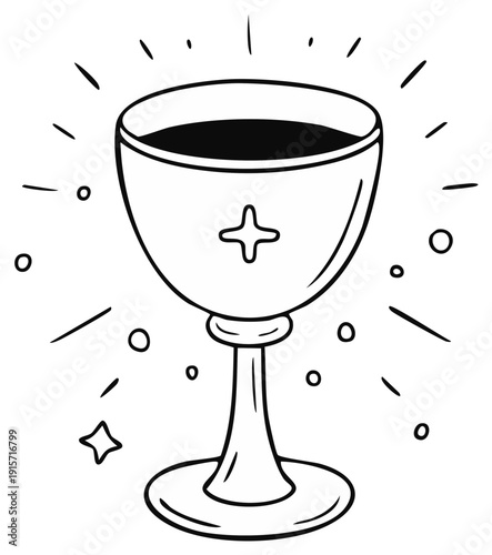 Cartoon drawing of a chalice with a cross symbol and sparkling effect.