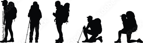 Hikers with backpacks hiking poses silhouette flat vector illustration design