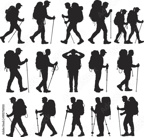 Hiking silhouettes with backpacks and trekking poles, outdoor adventure flat vector