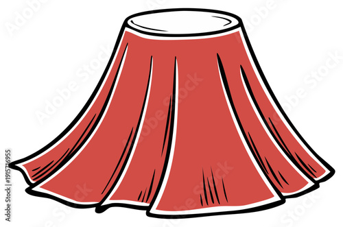 Red tablecloth draped over an invisible table with flowing fabric folds and a clean white rim