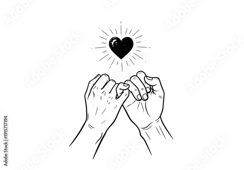 Two hands connected by pinky promise with a heart radiating light above them high quality professional