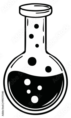 Simple laboratory flask with bubbling dark liquid and stoppard top in black and white sketch