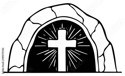 Christian cross shining brightly within a cave opening representing resurrection and faith