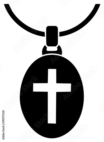 Black silhouette of religious cross on an oval pendant necklace simple icon graphic design element