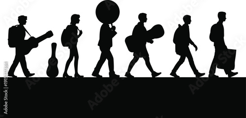 Musician band silhouette icon set, instrument travel illustration, vector graphic, music unity symbol, flat vector