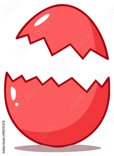 Cracked eggshell graphic cartoon style, broken open illustration, red and white, isolated