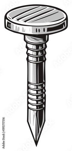 Stylized vector illustration of a sharp ribbed metal nail for construction