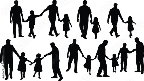 Parent silhouettes holding children hands, family bonding flat vector illustration