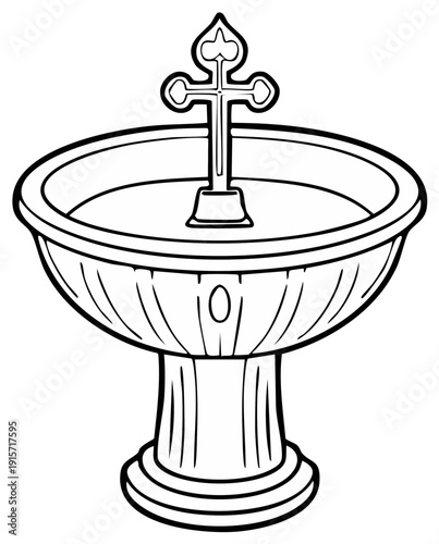 Christian baptismal font with an Orthodox cross, a black and white line art vector illustration.