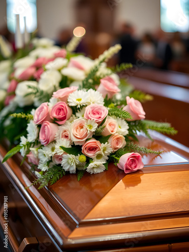 Closeup of bouquet of flowers on brown wooden burial casket coffin on a funeral. Grief and sadness for dead person, death and loss ceremony, pass away remembrance, farewell church