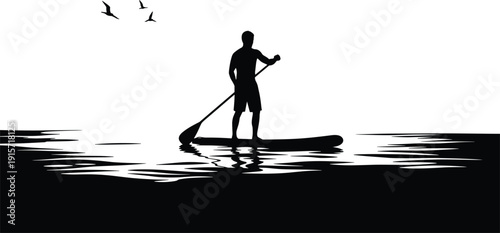 Person paddleboarding silhouette on water, outdoor adventure birds scene flat vector