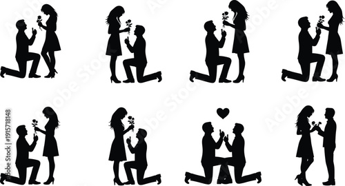 Romantic couple proposal silhouettes, kneeling flower gift love heart gesture flat vector