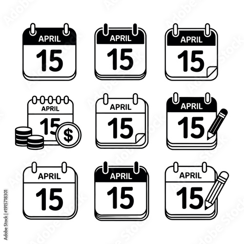 A collection of calendar icons showing April 15th with various symbols and markings