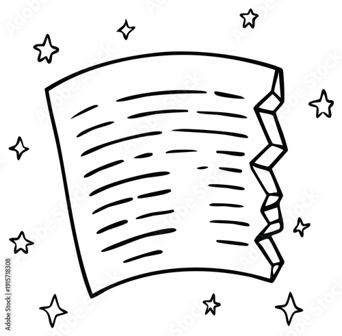Hand drawn line art of a ripped magical document or note with stars
