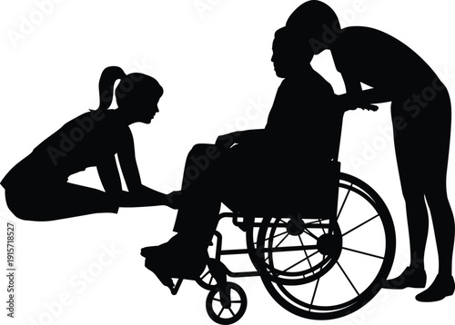 Wheelchair support silhouette icon set, caregiving illustration, vector graphic, compassion healthcare symbol, flat vector