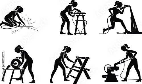 Women industrial construction workers silhouette flat vector illustration design