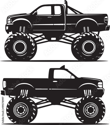 Two powerful black monster truck silhouettes with massive tires and robust suspension systems standing tall