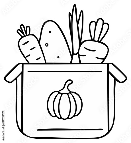 Outline illustration of a delivery box filled with fresh autumn harvest vegetables and organic produce