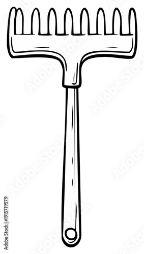 Simple Outline Drawing of a Garden Rake with Multiple Tines