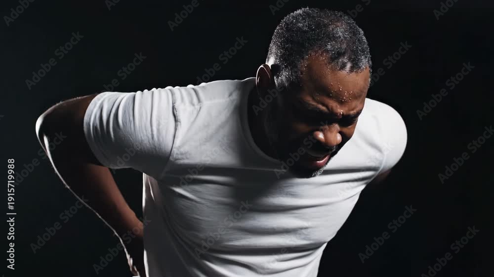 Man experiencing severe back pain and discomfort with strained facial ...