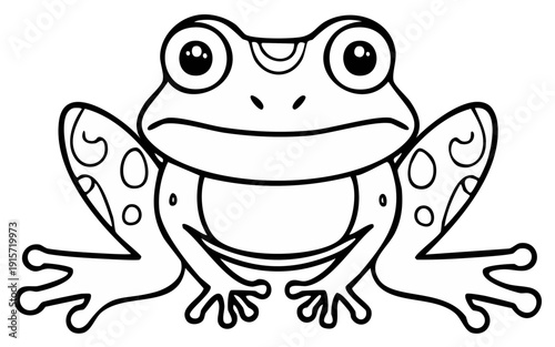 Cartoon frog illustration, simple outline drawing of a friendly amphibian creature with big eyes and spotted legs