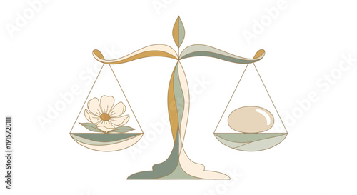 Illustration of a scale with a flower and an egg on each side, symbolizing balance and equality on World Day of Social Justice, promoting gender equality and access to social welfare.