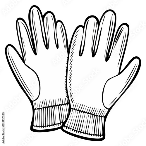 Black and white line art illustration of a pair of protective work gloves for safety or gardening