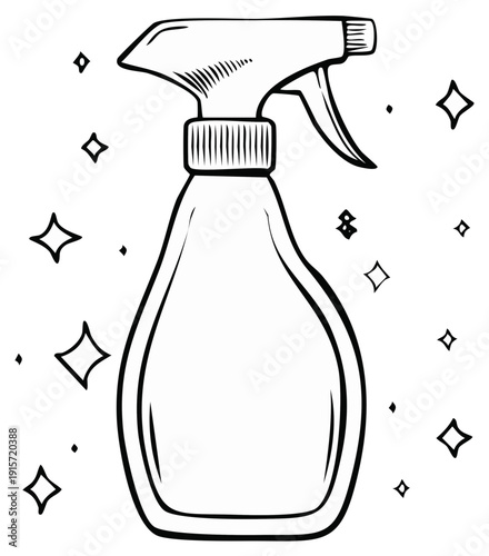 Hand drawn illustration of a spray bottle and sparkles symbolizing cleanliness and hygiene