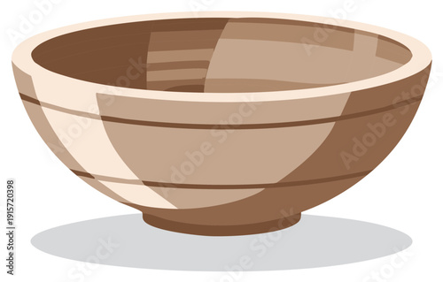 Simple light brown ceramic bowl with three horizontal lines around the exterior on a plain backdrop creating a visually appealing composition