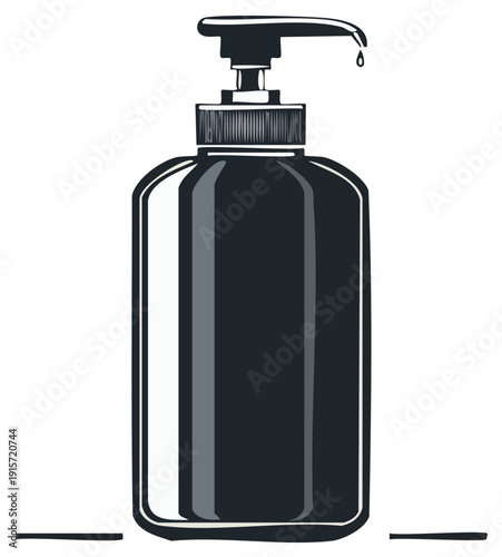 Dark Liquid Soap Dispenser Illustration with Drop, Cosmetic Bottle Hand Drawn Style