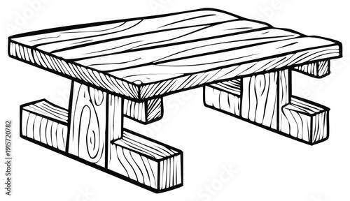 Line Art Illustration of Rustic Wooden Bench With Visible Wood Grain