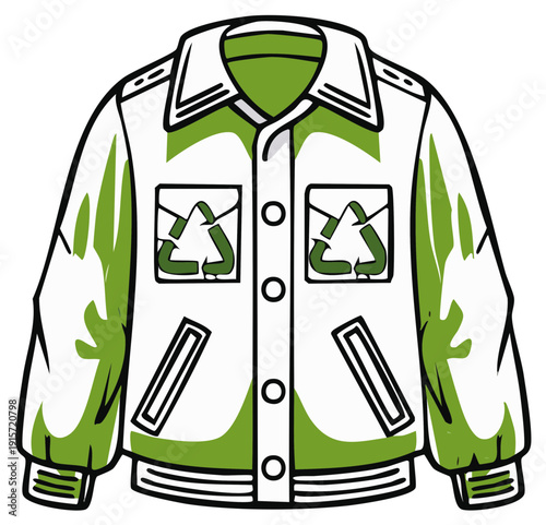 Bomber jacket with recycling symbol icon for sustainable eco friendly fashion and upcycling concept