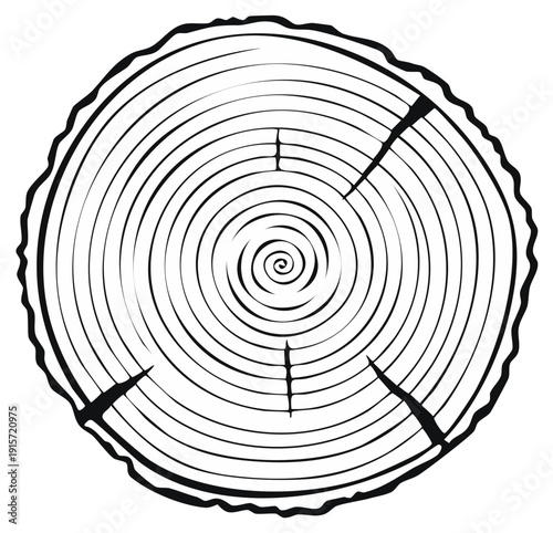 Tree trunk cross section detailed illustration, tree rings displaying wood grain texture and growth patterns