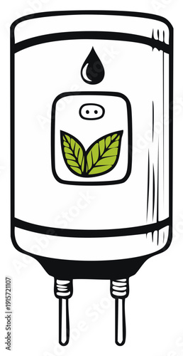 Eco friendly water heater design with leaves and droplet graphic icon