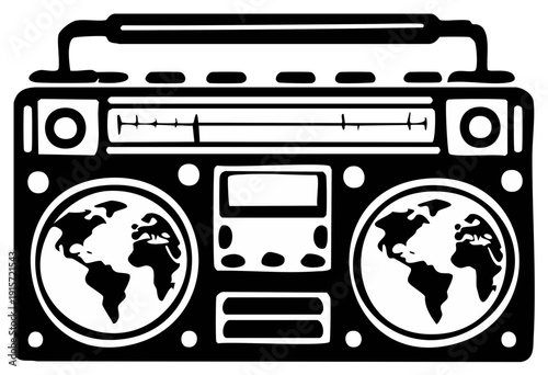 Black and white graphic of a retro boombox with world map speakers representing global music and sound