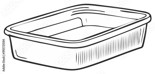 Empty rectangular plastic food storage container or baking pan line art drawing