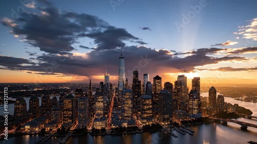 Majestic new york city skyline at dusk with illuminated skyscrapers and stunning sunset views over the water