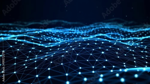 Dynamic Blue Digital Wave Network with Glowing Nodes and Lines, Futuristic Data Flow Visualization