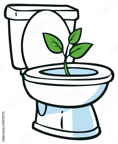 Cartoon toilet with green plant growing inside bowl