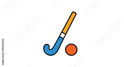 A cartoon-style field hockey stick in blue and orange colors is positioned next to an orange ball.