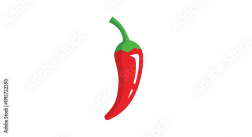 A single red chili pepper with a green stem is prominently displayed against a white background.