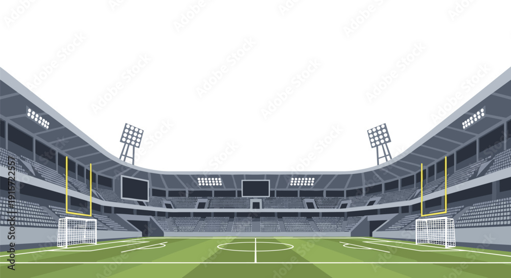 Fototapeta premium An empty football stadium interior viewed from the field level, featuring goalposts, stands, and towering light fixtures.