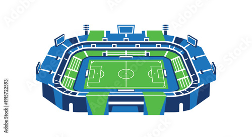An isometric view of a modern football stadium with a green field, blue and green exterior, and surrounding architecture.