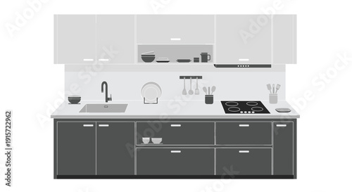 A modern kitchen features grey base cabinets, white wall cabinets, a sink, stove, oven, and kitchen tools.