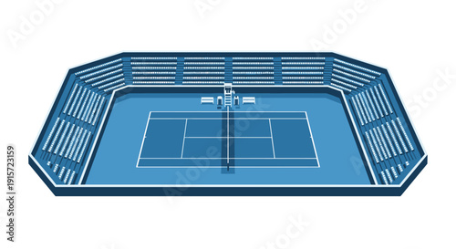 An empty blue tennis stadium with tiered seating surrounding a court features a referee's chair and a net on a white background.