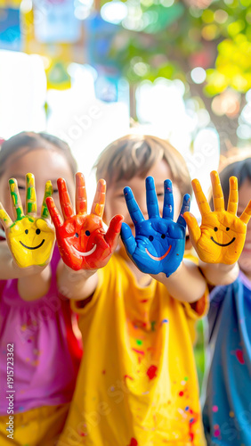 Kinder mit bunten angemalten Händen