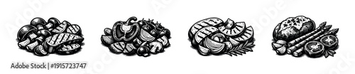 Grilled food flat vector illustrations: healthy veggies and meats in black and white