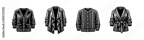 Cardigan and sweater collection. cozy clothing designs. flat vector illustrations of knitwear