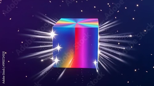 Rotating Rainbow Prism Cube with Sparkling Stars and Light Rays on Deep Space Background