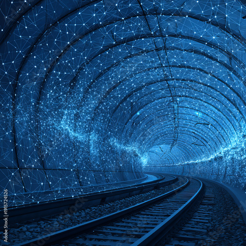 Underground tunnel with rails. Metro train track. Polygonal design of lines and points. Blue background.